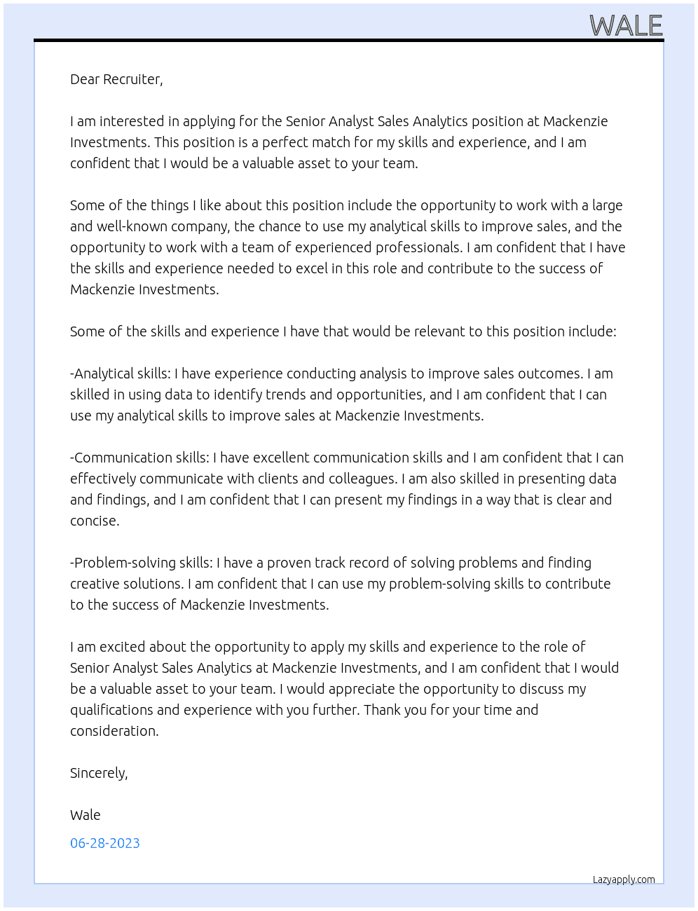 Senior Analyst Sales Analytics At mackenzie investments Cover Letter
