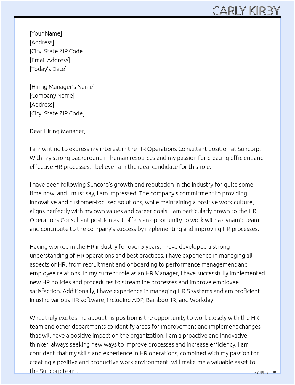 HR operations consultant At Suncorp Cover Letter