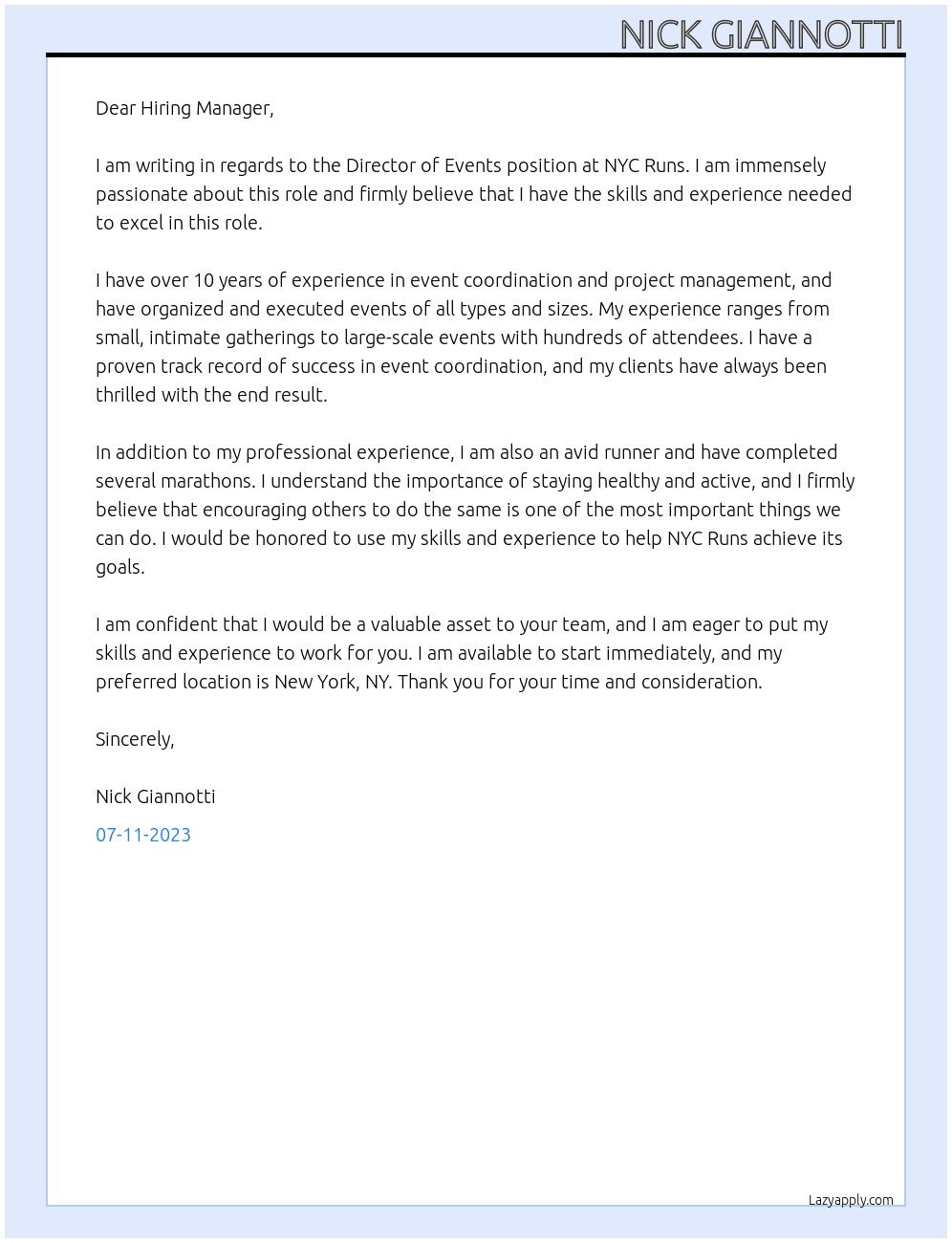 Director of Events At NYC Runs Cover Letter