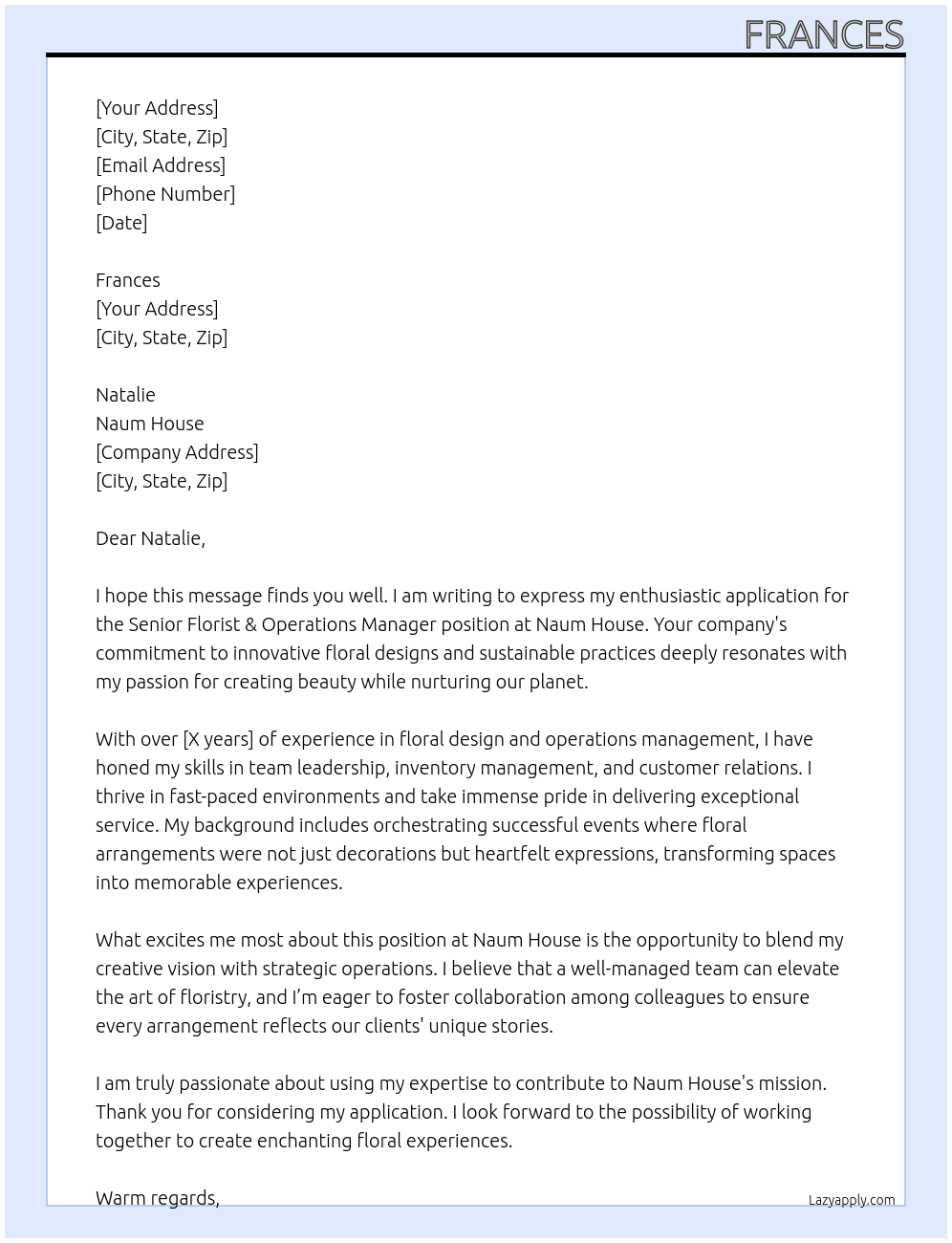 senior florist & operations manager At Naum House Cover Letter