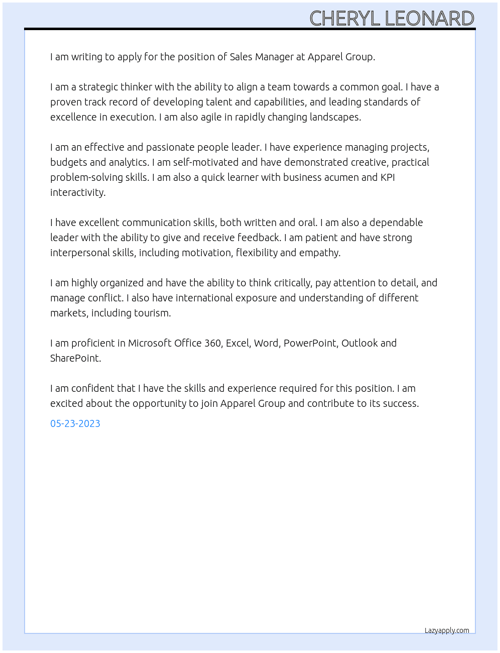 Sales Manager  At Apparel Group  Cover Letter