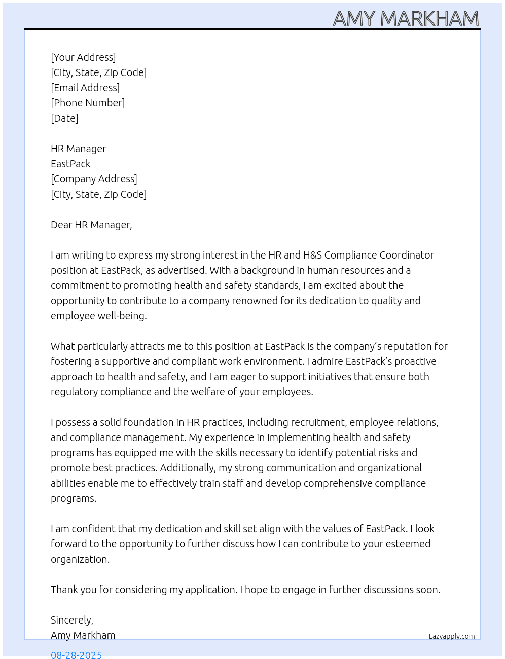 HR and H&S Compliance Coordinator At EastPack Cover Letter