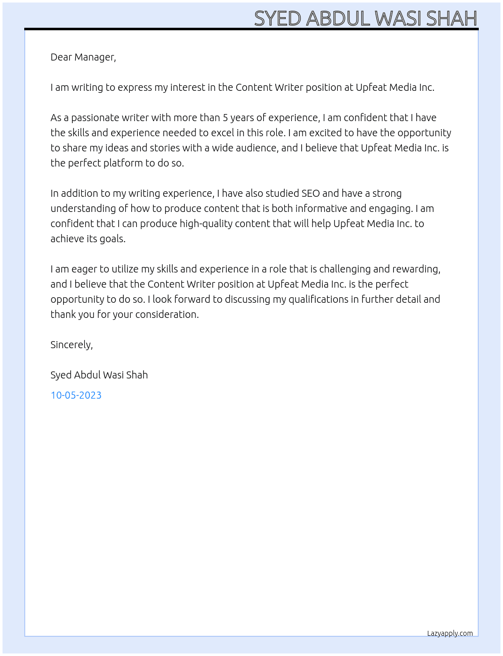 Content Writer At Upfeat Media Inc. Cover Letter