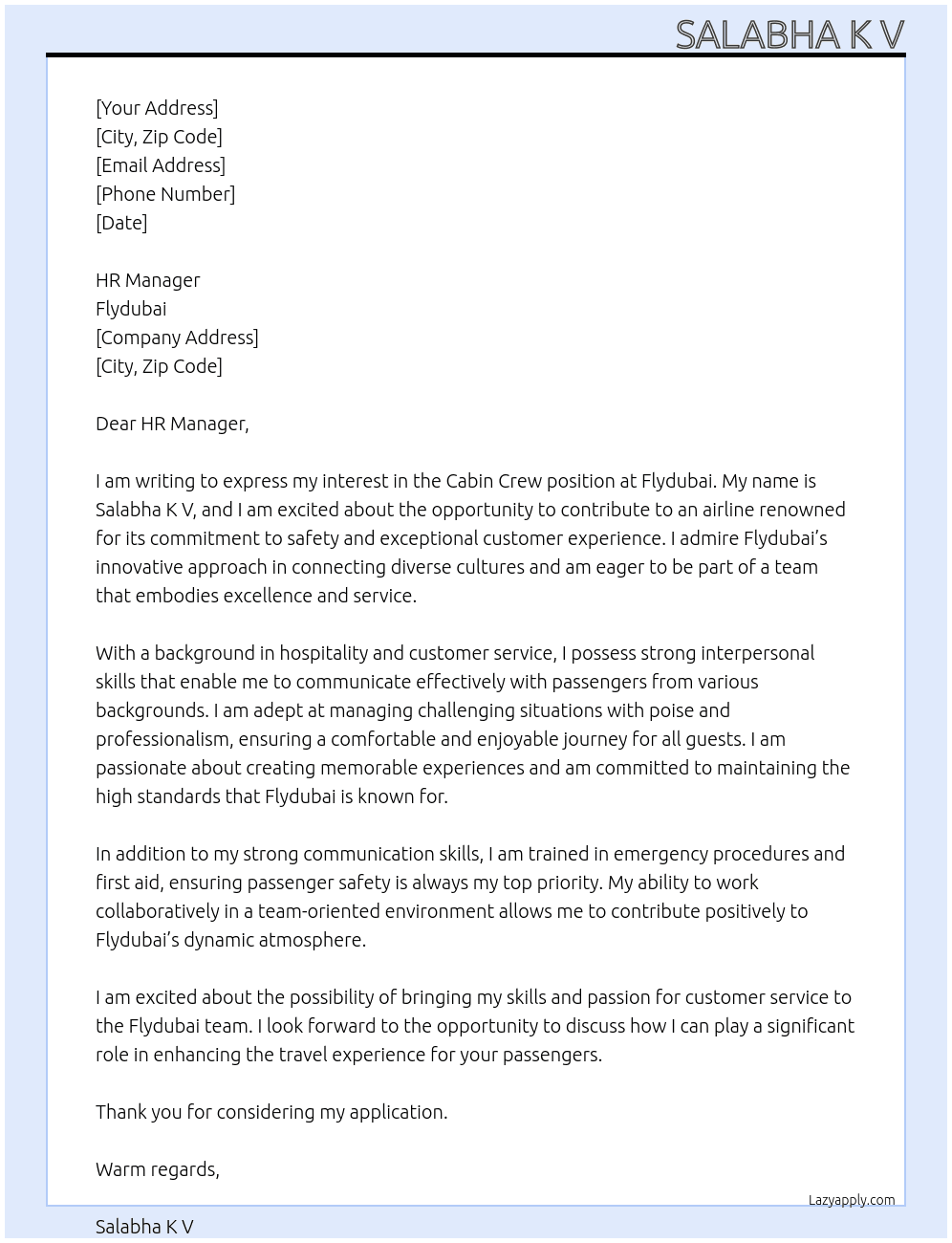 Cabincrew  At Flydubai  Cover Letter