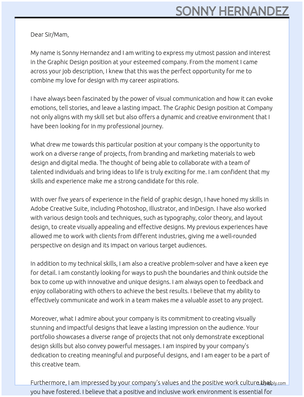 Graphic Design At Company Cover Letter