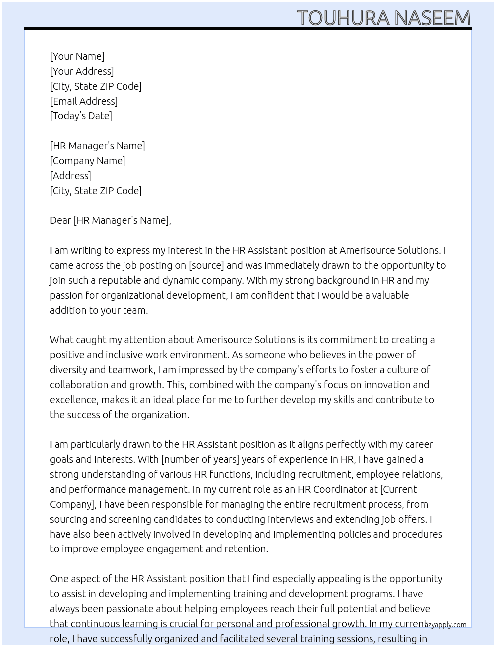 HR Assisstent At Amerisource Solutions Cover Letter