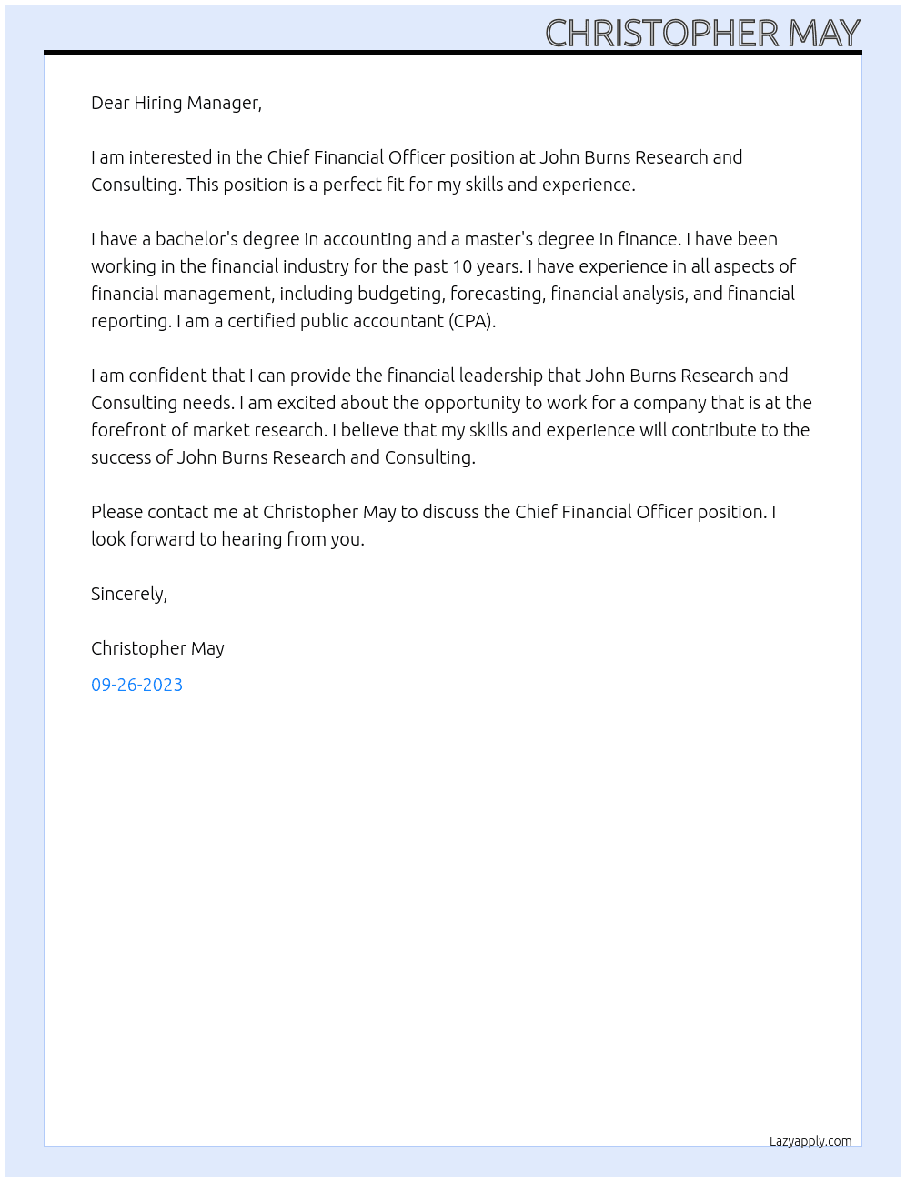 Chief Financial Officer At John Burns Research and Consulting Cover Letter