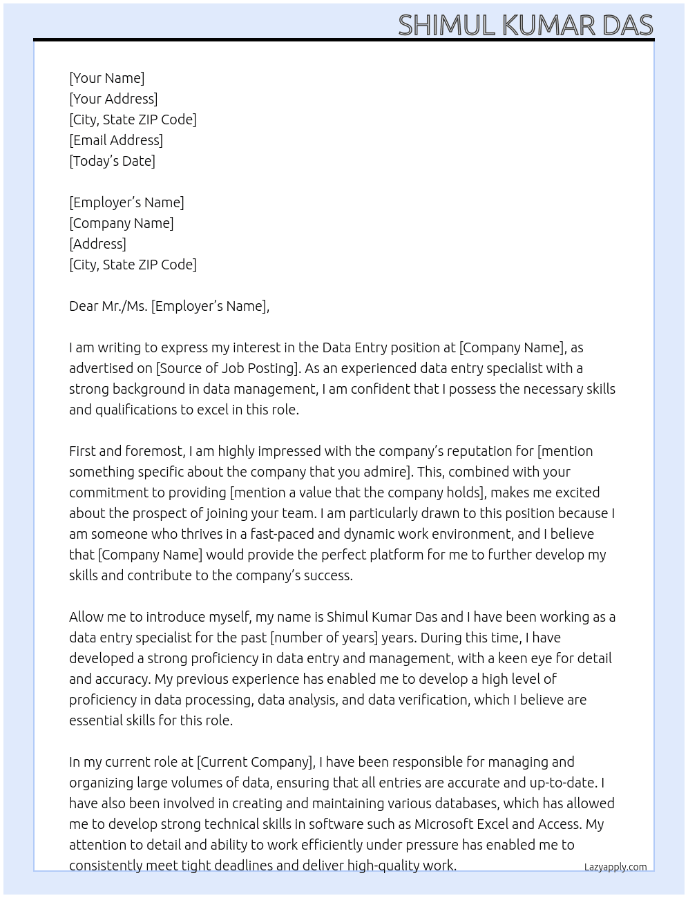 data entry At my self  Cover Letter