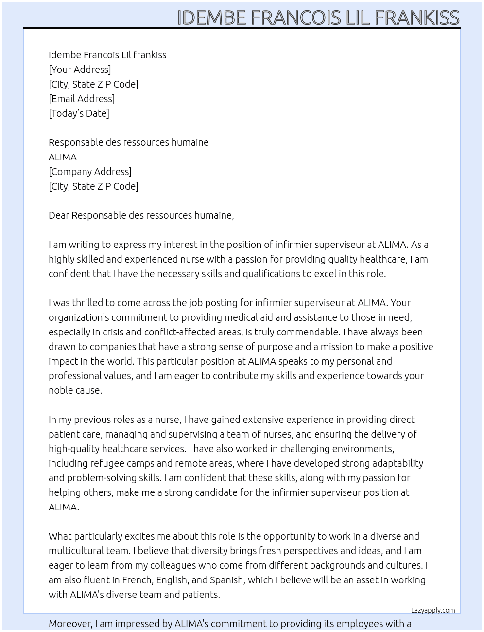 infirmier superviseur At ALIMA Cover Letter