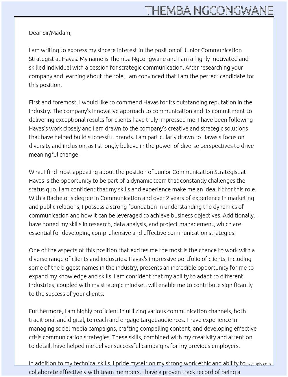 Junior Communication Strategist At Havas Cover Letter