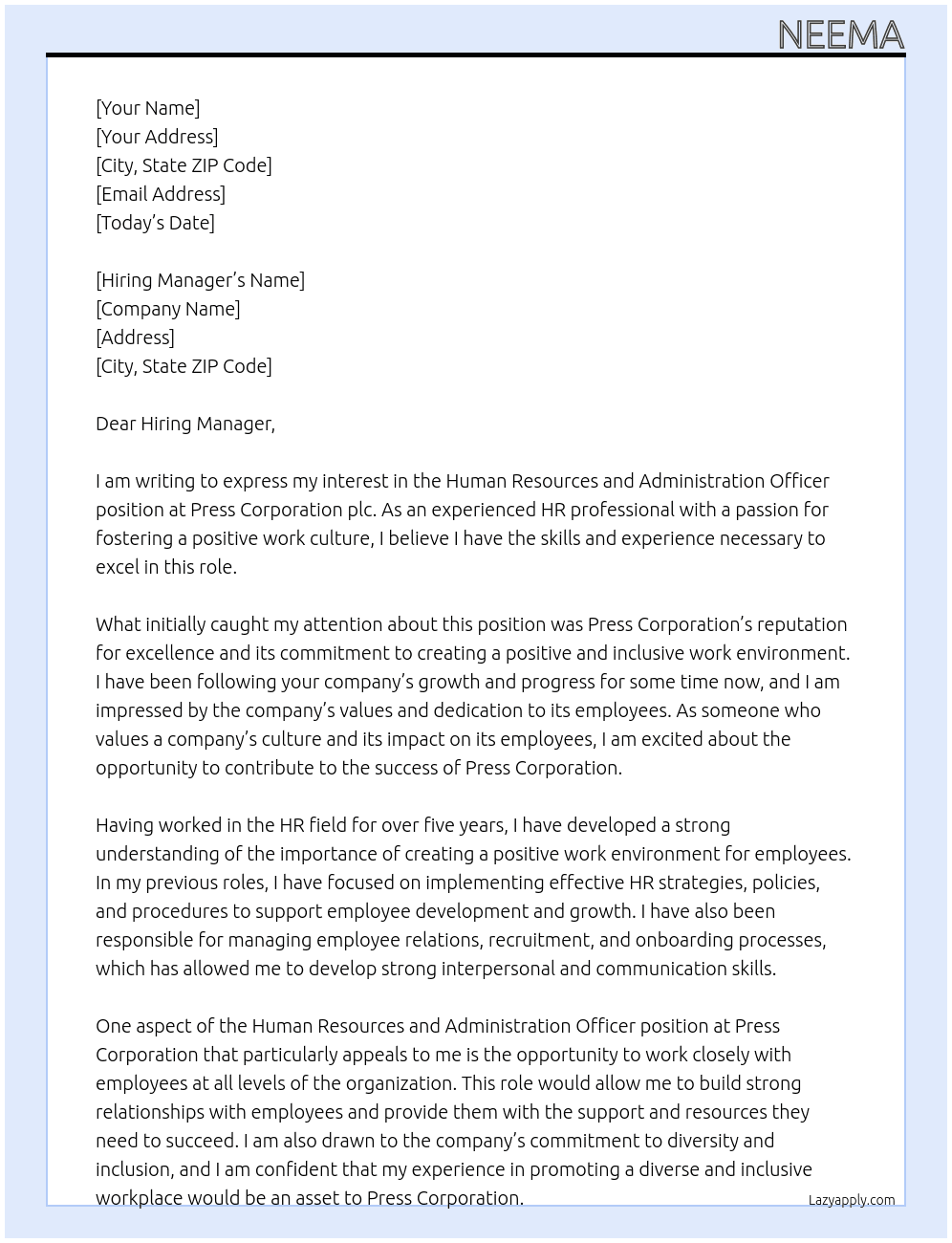 Human Resources and Administration Officer At Press Corporation plc Cover Letter