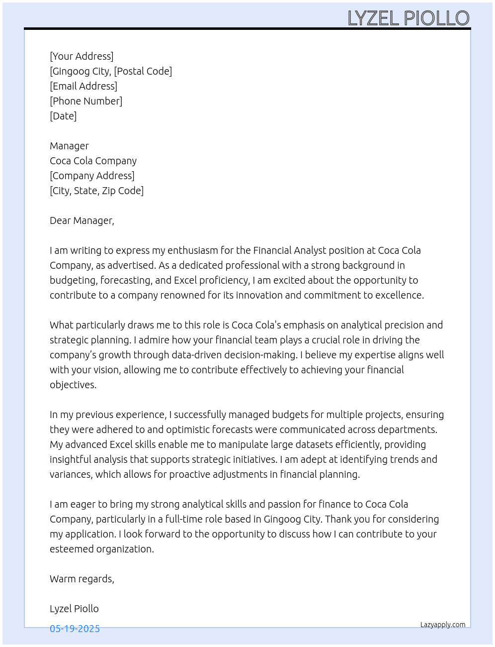 Financial Analyst  At Coca Cola Company Cover Letter