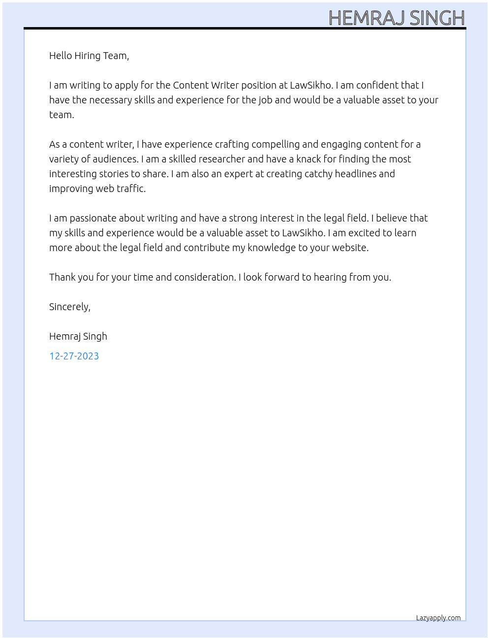 Content Writer At LawSikho Cover Letter