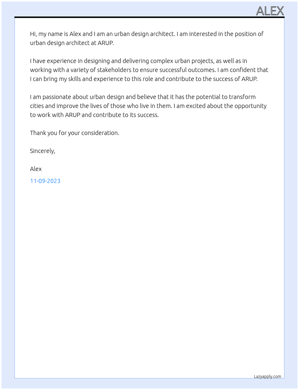 urban design architect At arup Cover Letter