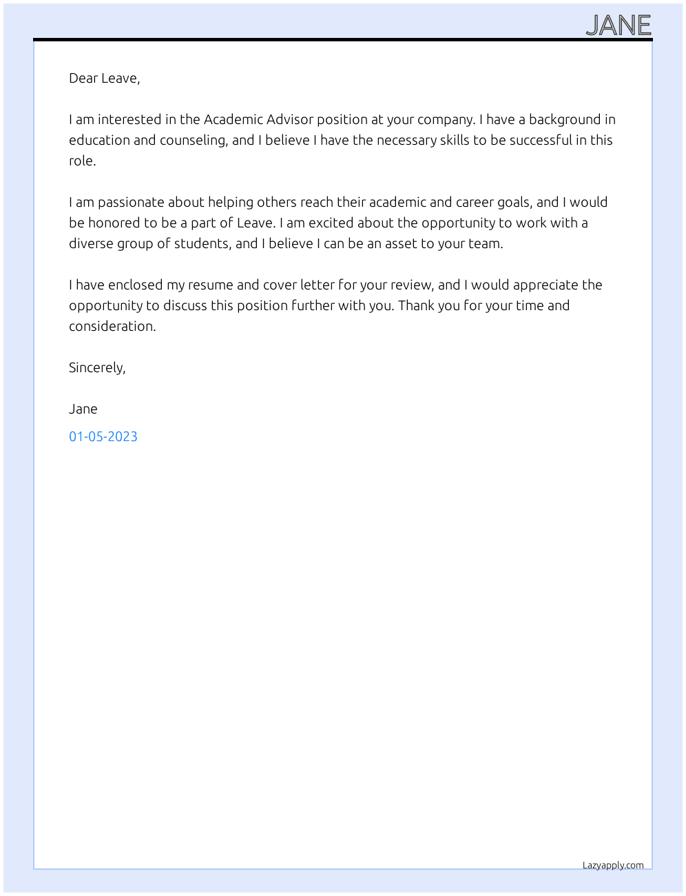 Academic Advisor At Leave Cover Letter