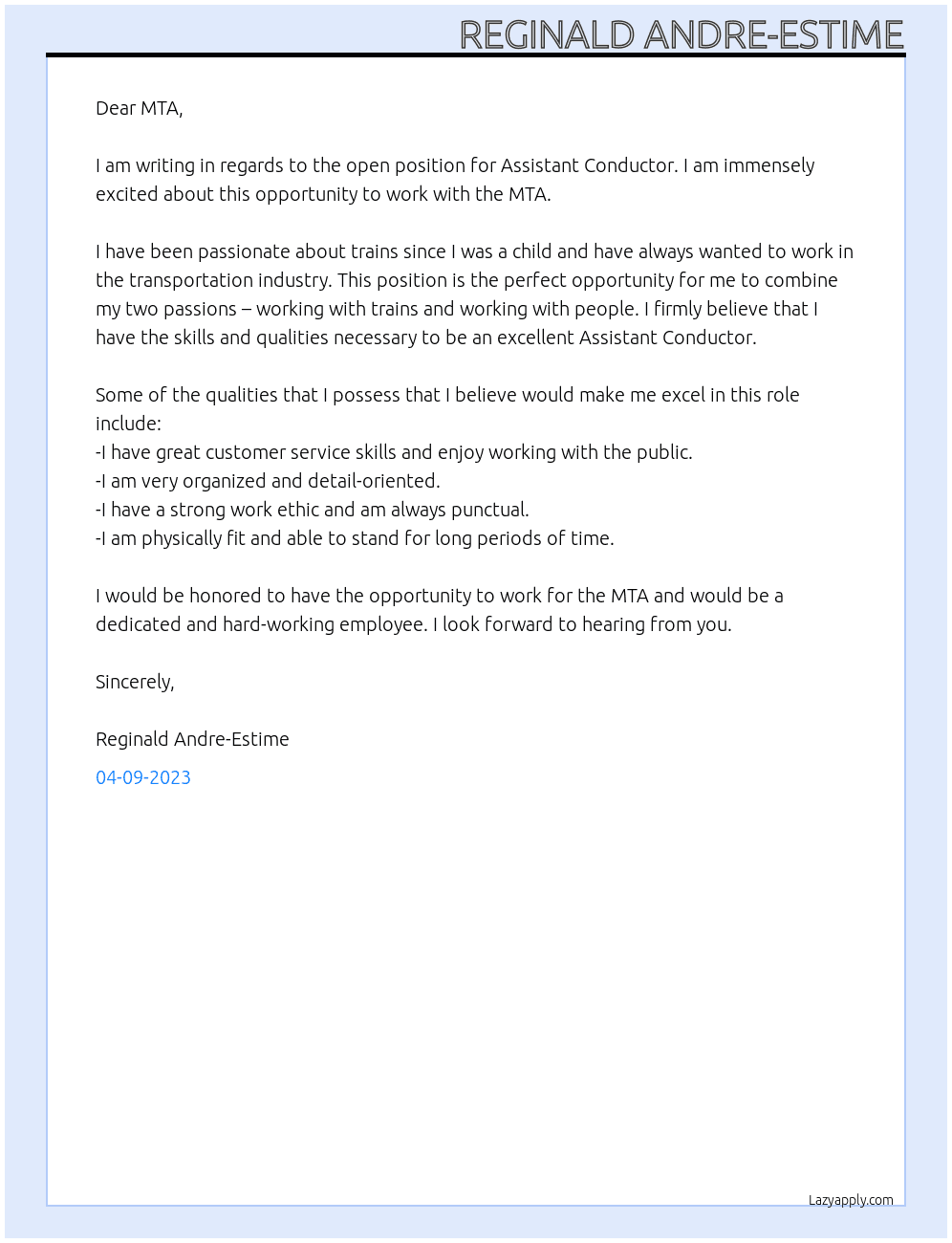 Assistant Conductor At MTA Cover Letter
