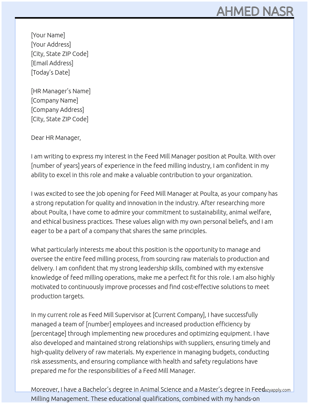 Feed mill Manager At poulta Cover Letter