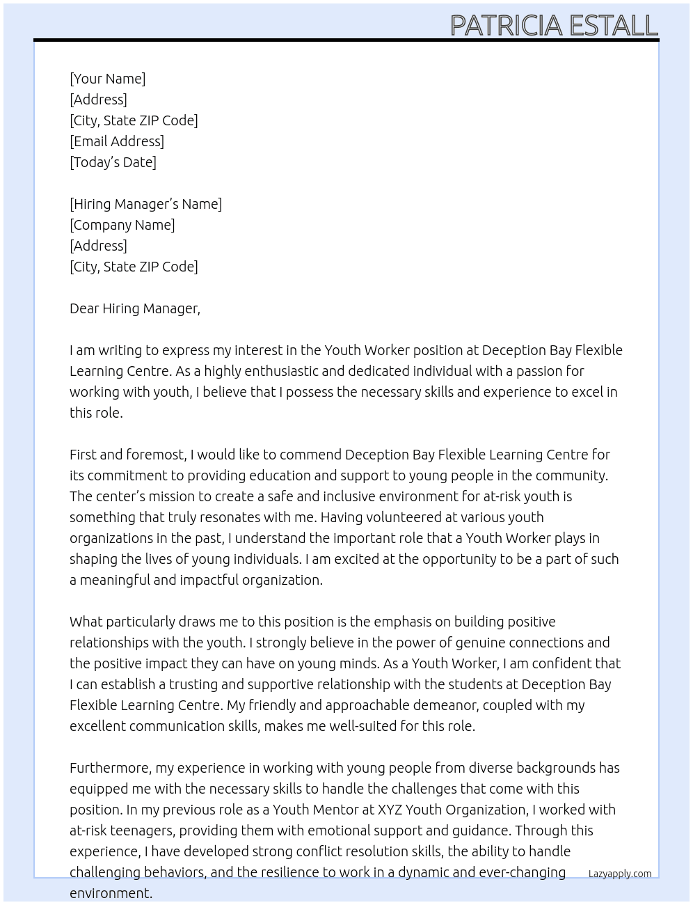 Youth Worker At Deception Bay Flexible Learning Centre Cover Letter