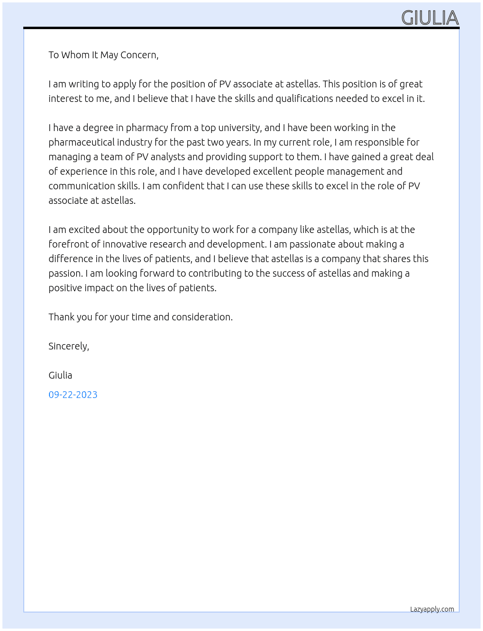 PV associate At astellas Cover Letter