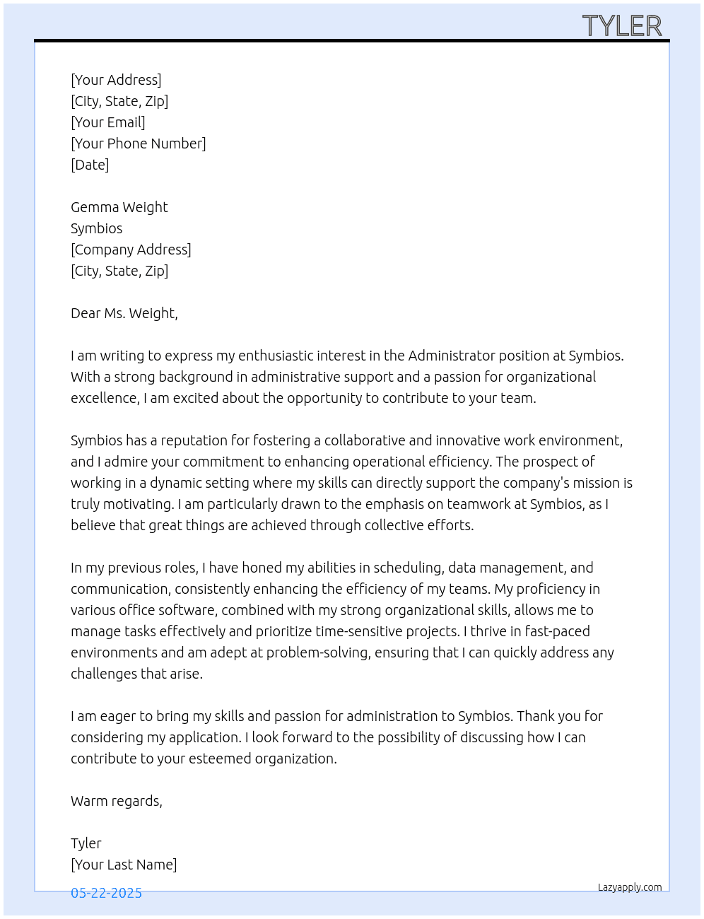 Administrator At Symbios Cover Letter