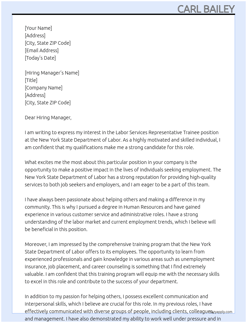 Labor Services Representative Trainee At New York State Department of Labor Cover Letter