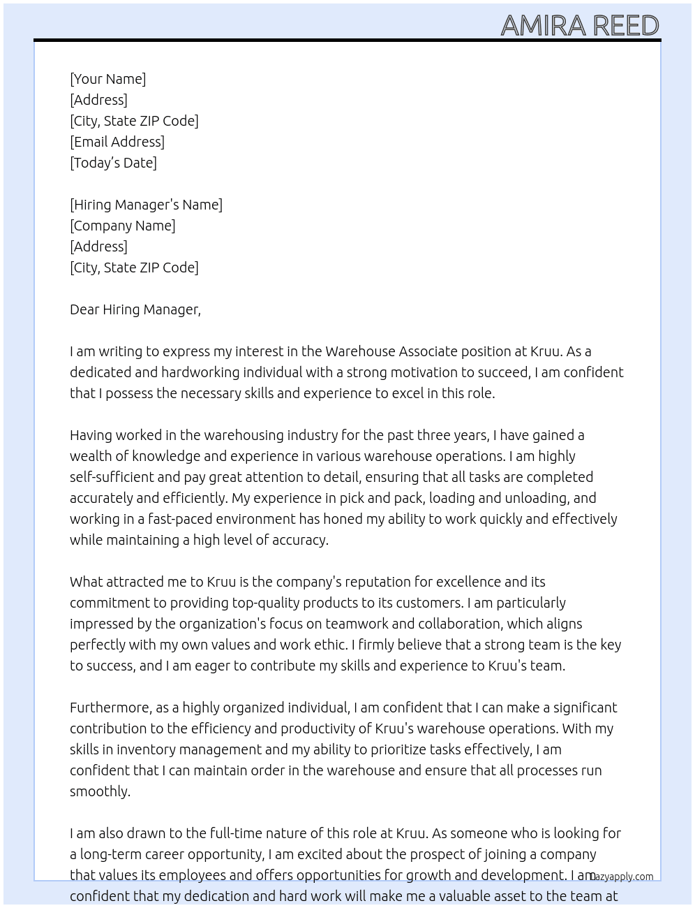 Warehouse Associate At Kruu Cover Letter