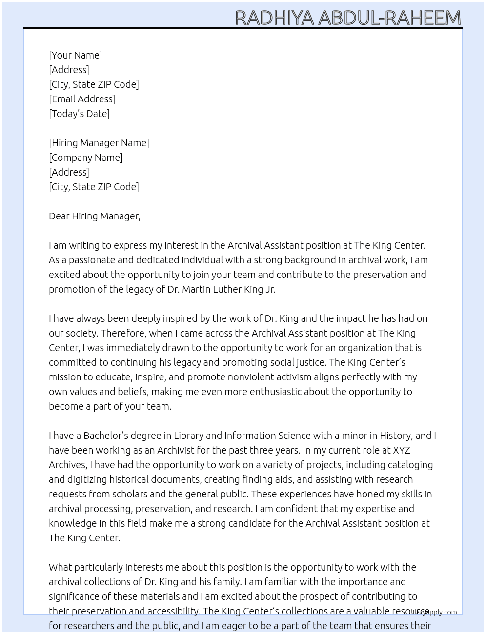 Cover letter for archival assistant - LazyApply