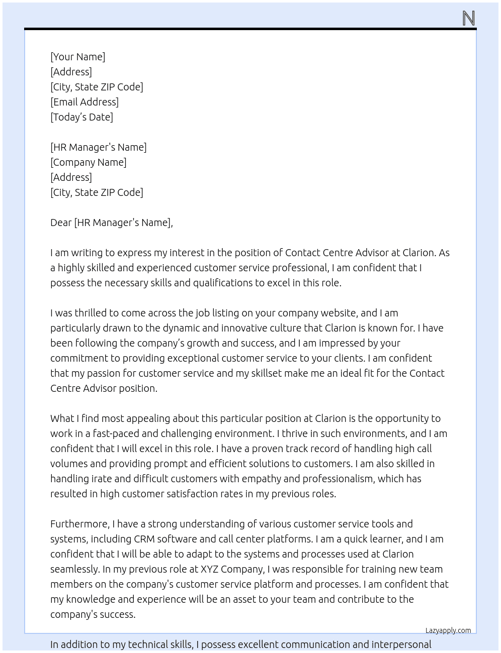 contact centre advisors At clarion Cover Letter