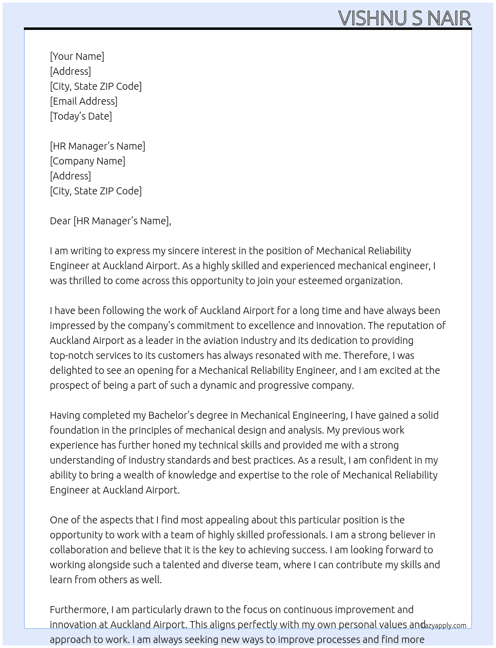 Mechanical Reliability Engineer At Auckland Airport Cover Letter