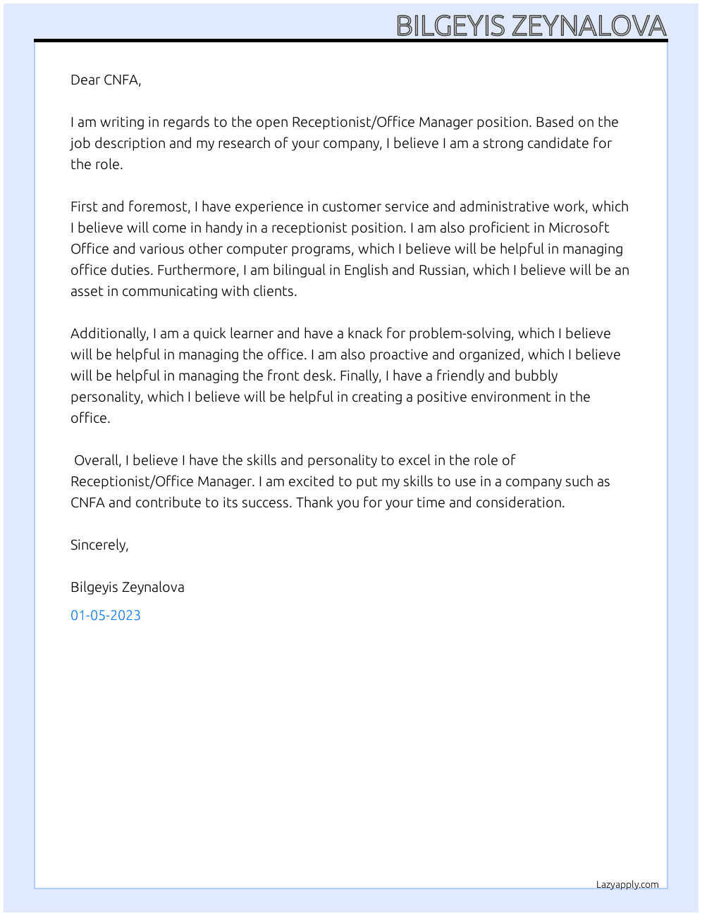 Receptionist/Office Manager At CNFA Cover Letter