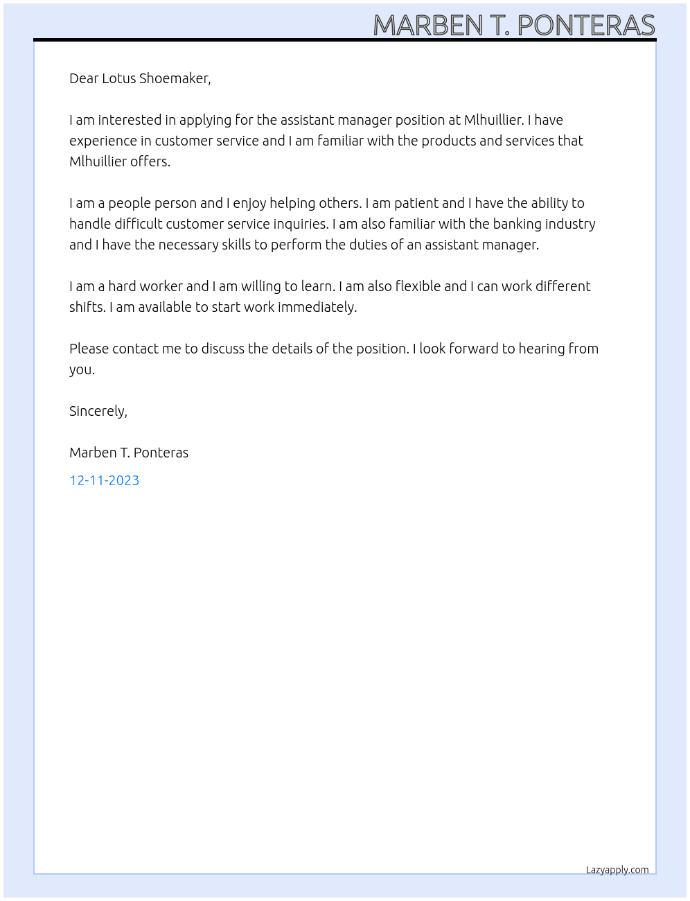Assistant manager At Mlhuillier Cover Letter