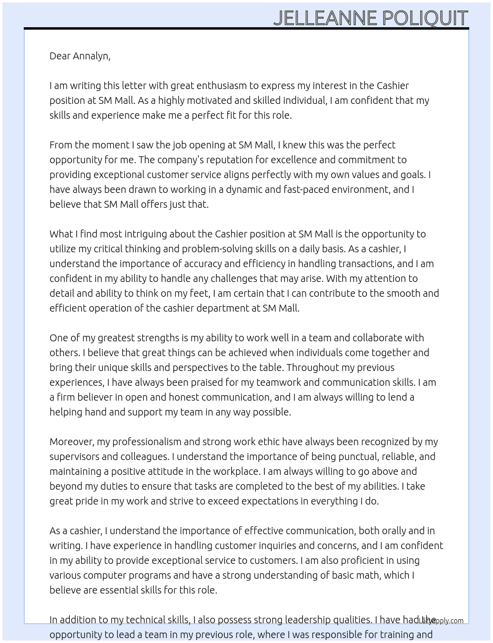 CASHIER  At SM MALL Cover Letter