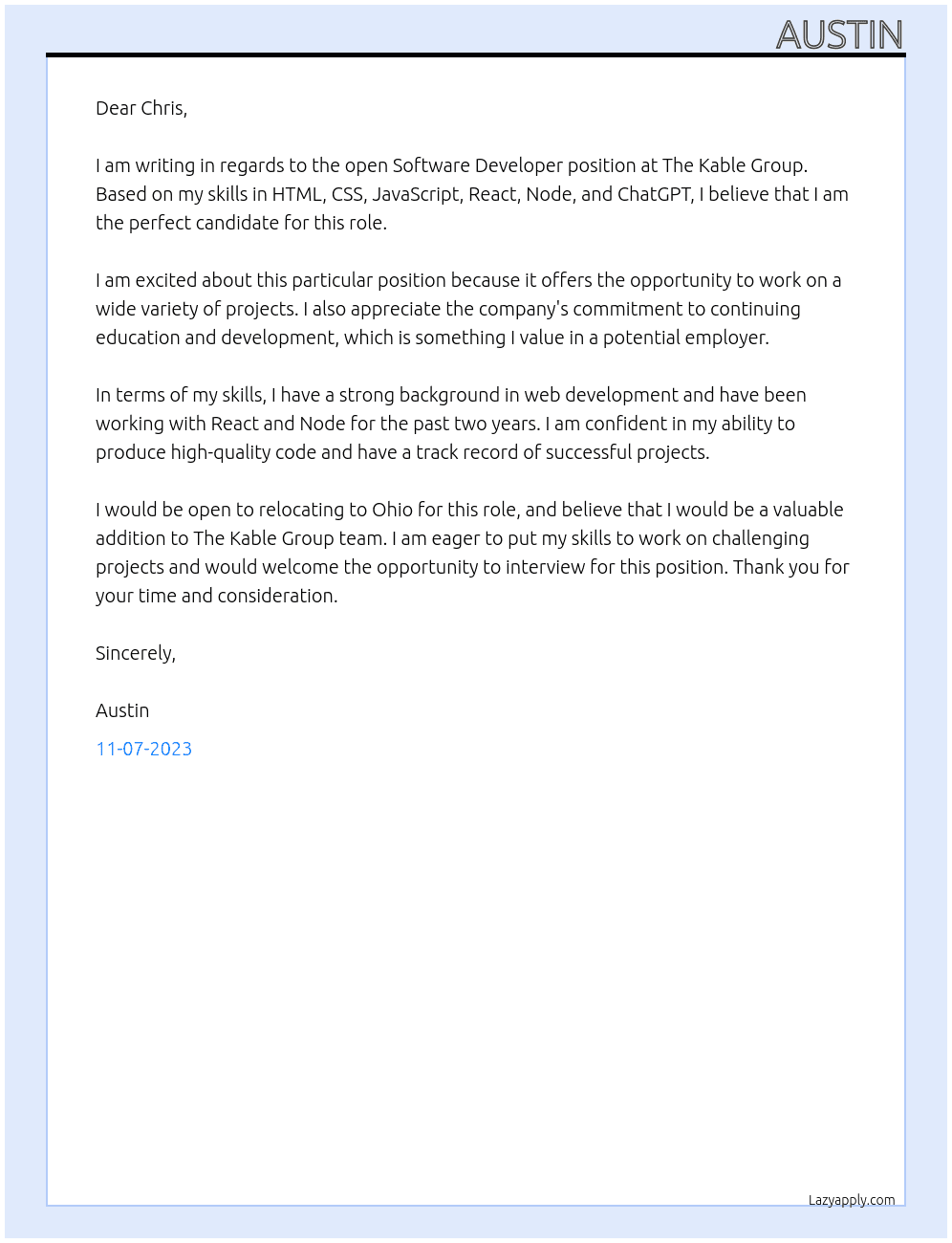 Software Developer At The Kable Group Cover Letter