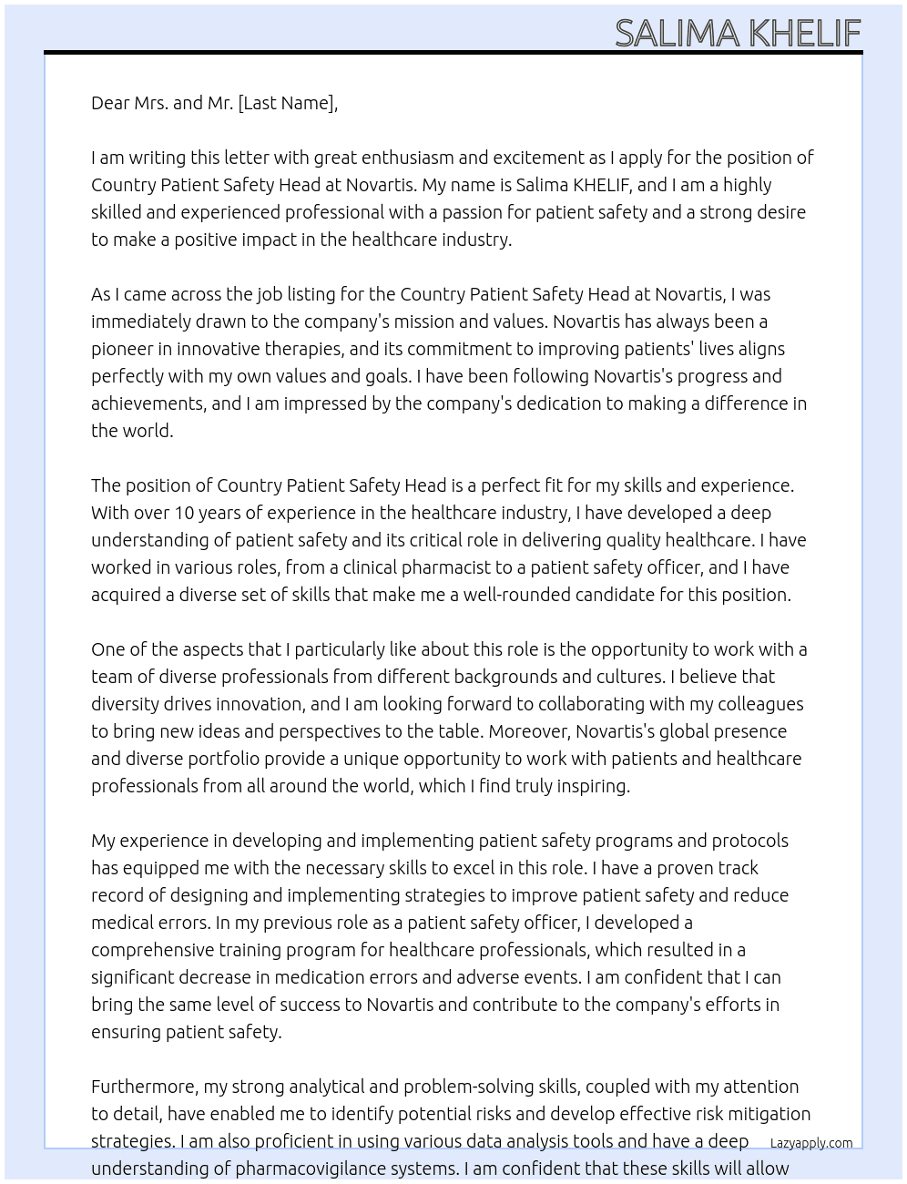 Country Patient Safety Head At Novartis Cover Letter