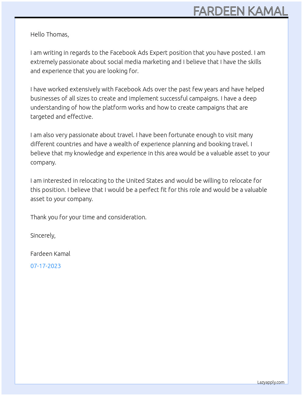 Facebook Ads Expert At Travel company Cover Letter