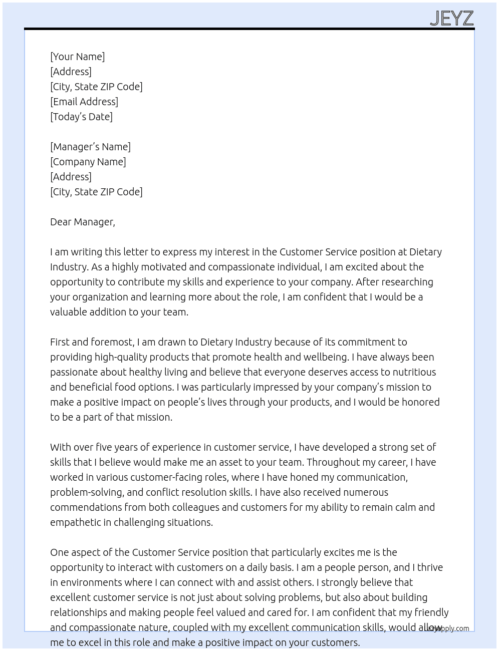 Customer Service At Dietary Industry Cover Letter