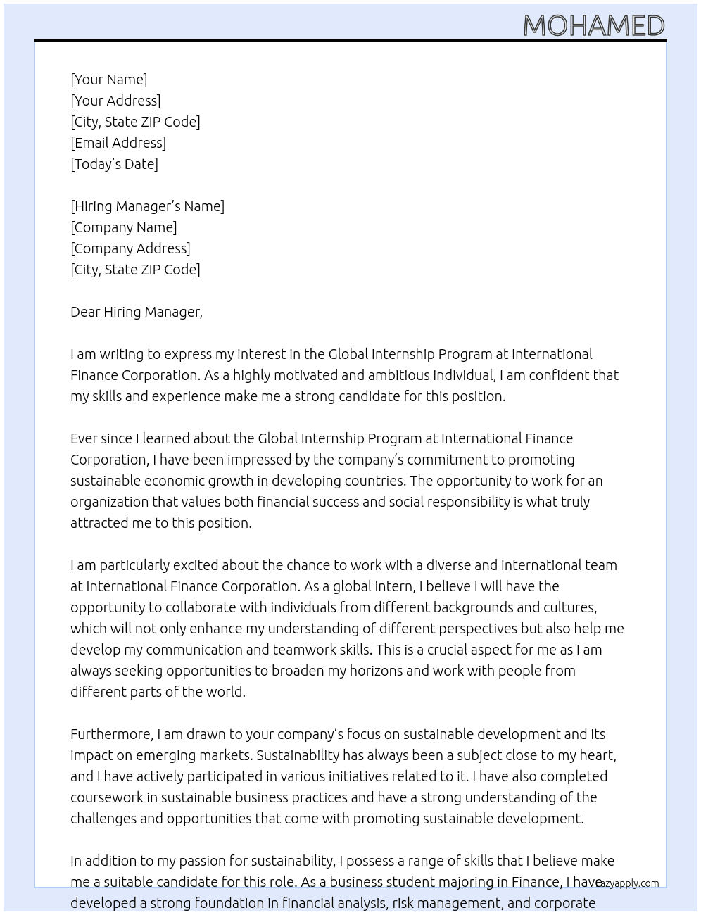 Global Internship Program At International Finance Corporation Cover Letter