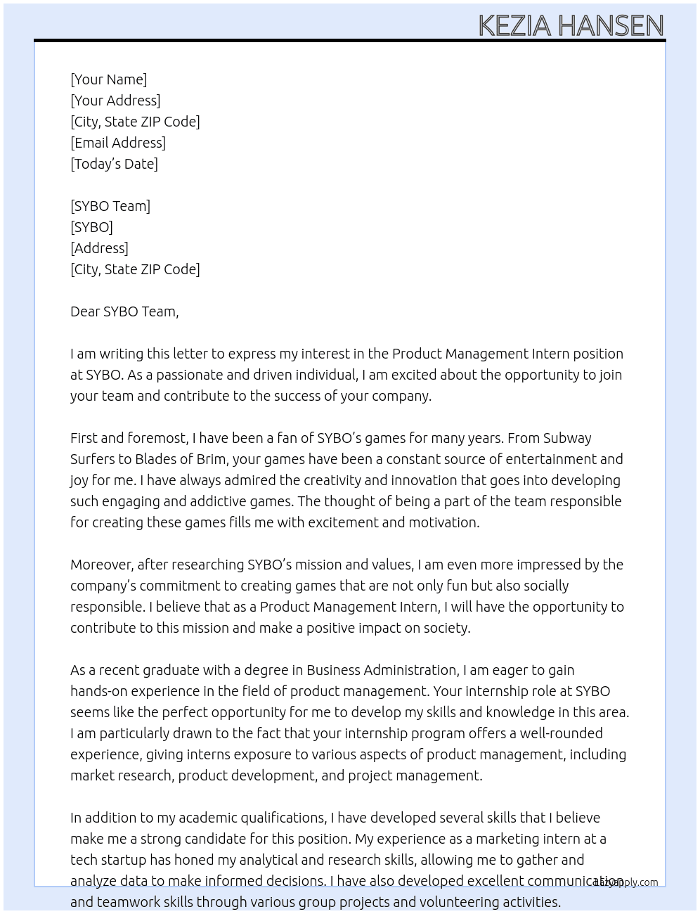 Product Management Intern At SYBO Cover Letter
