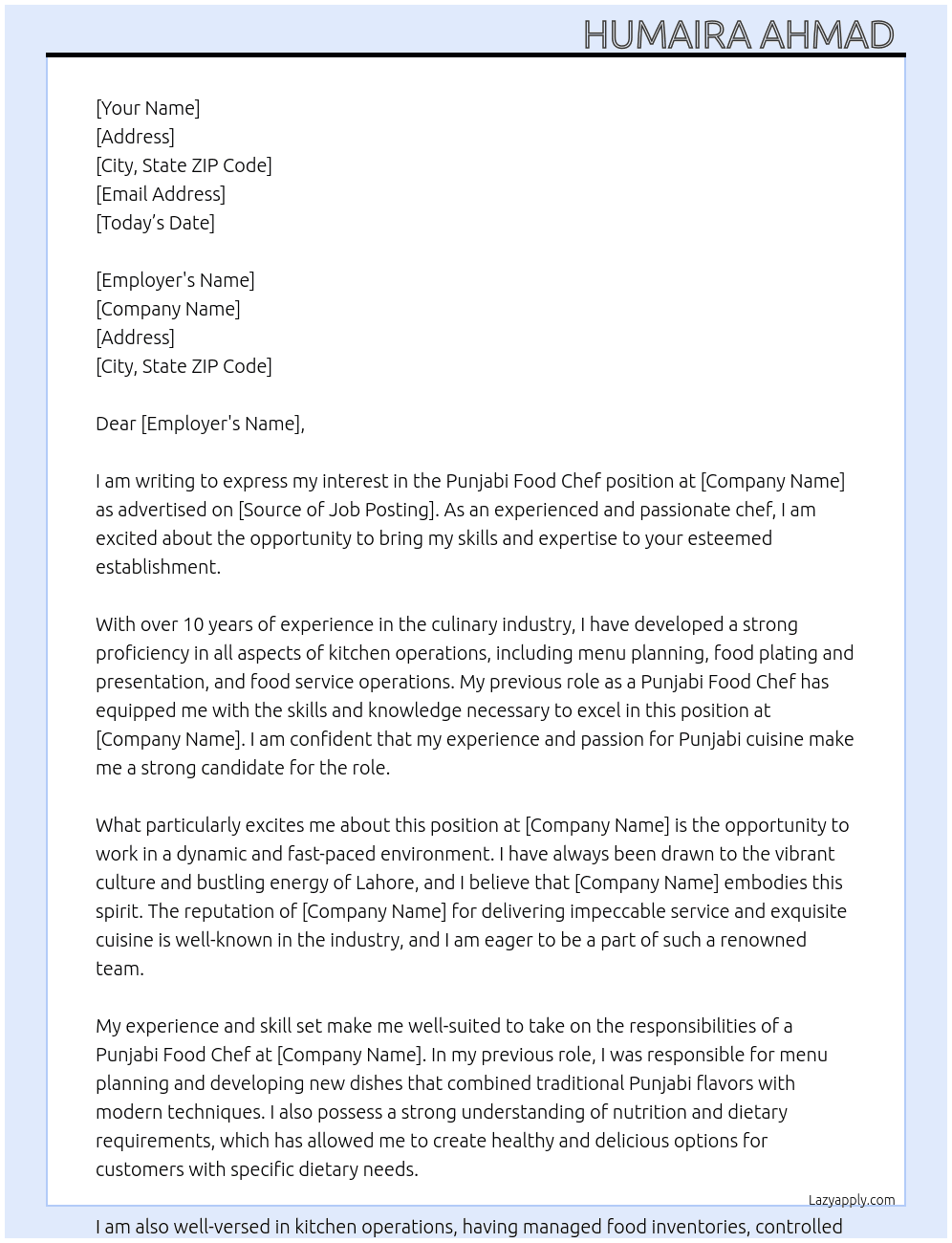 Punjabi Food Chef At Ex.hotel Cover Letter