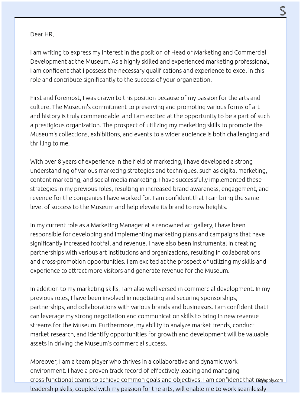 Head of marketing and commercial development  At Museum Cover Letter