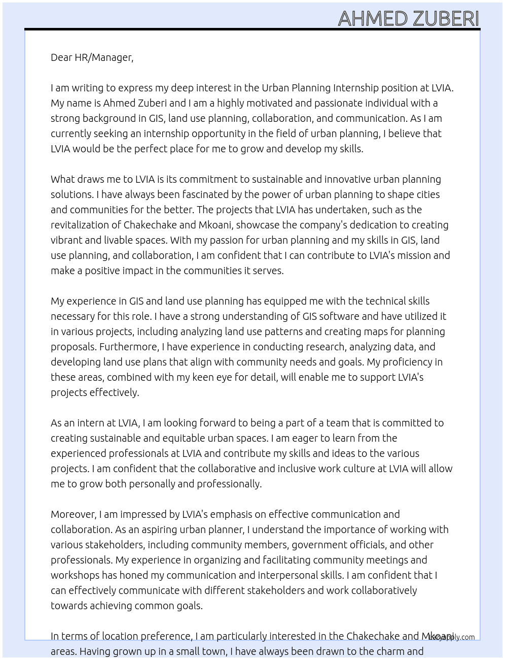 Urban Planning Internship  At LVIA Cover Letter