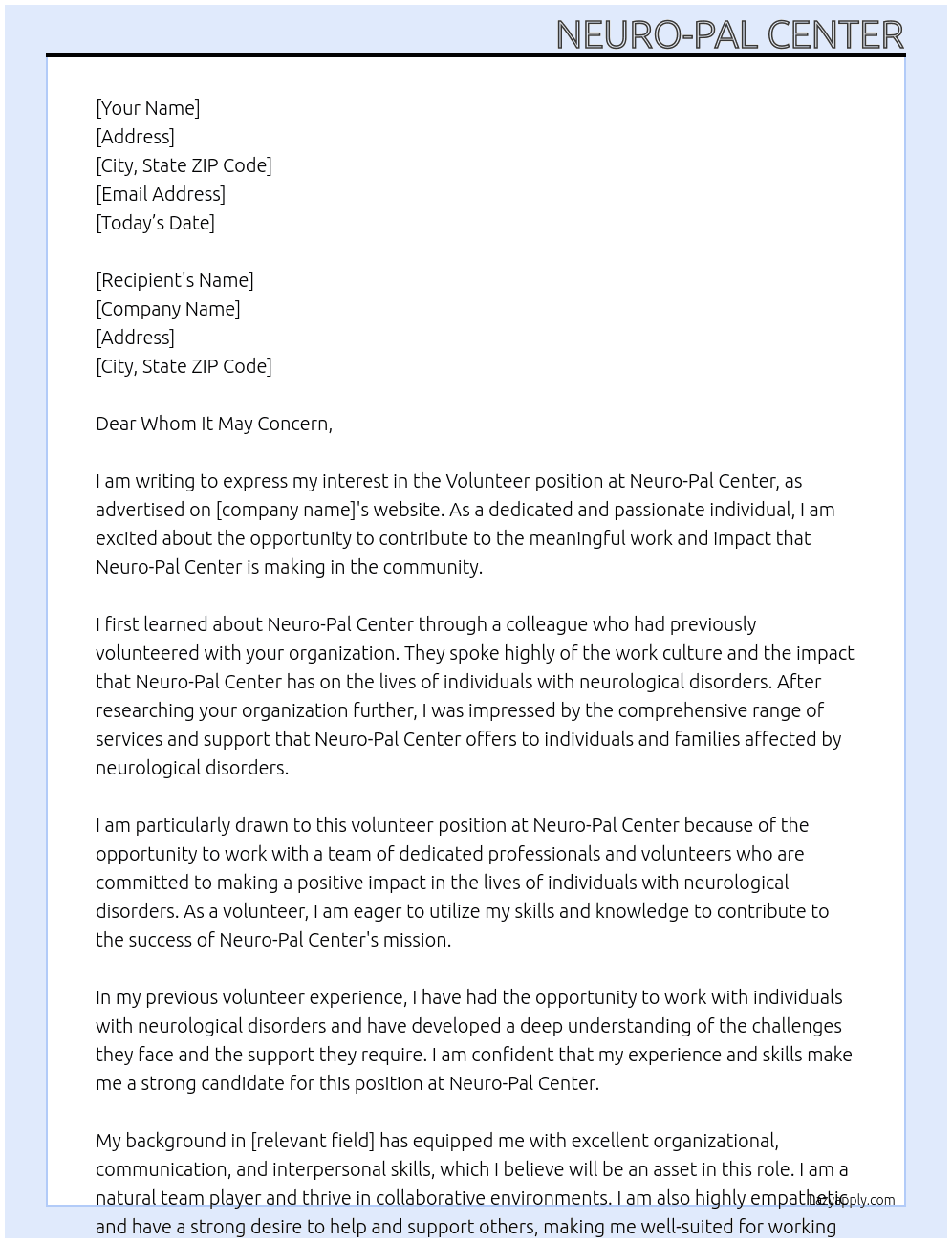 Volunteer at Neuro-Pal Center At aa Cover Letter