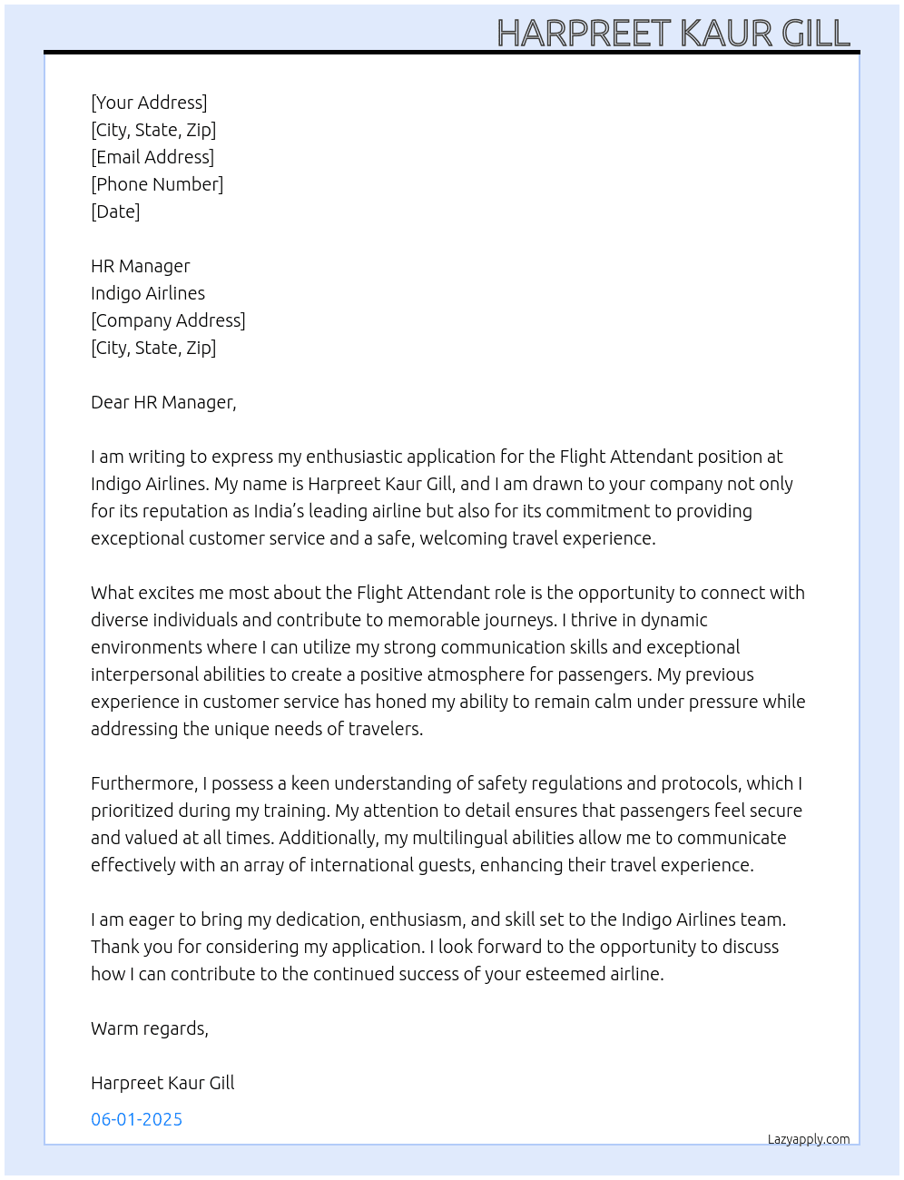 Flight attendant At Indigo Airlines Cover Letter