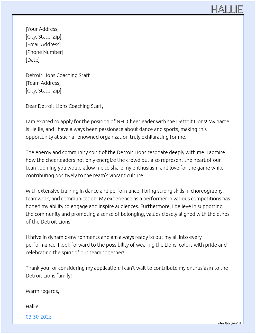 NFL cheerleader At Detroit Lions Cover Letter
