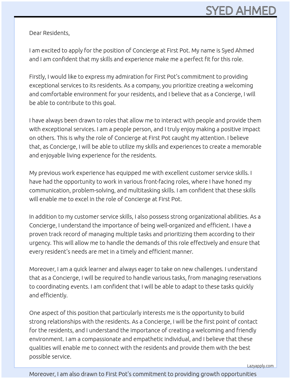 Concierge  At First Pot Cover Letter