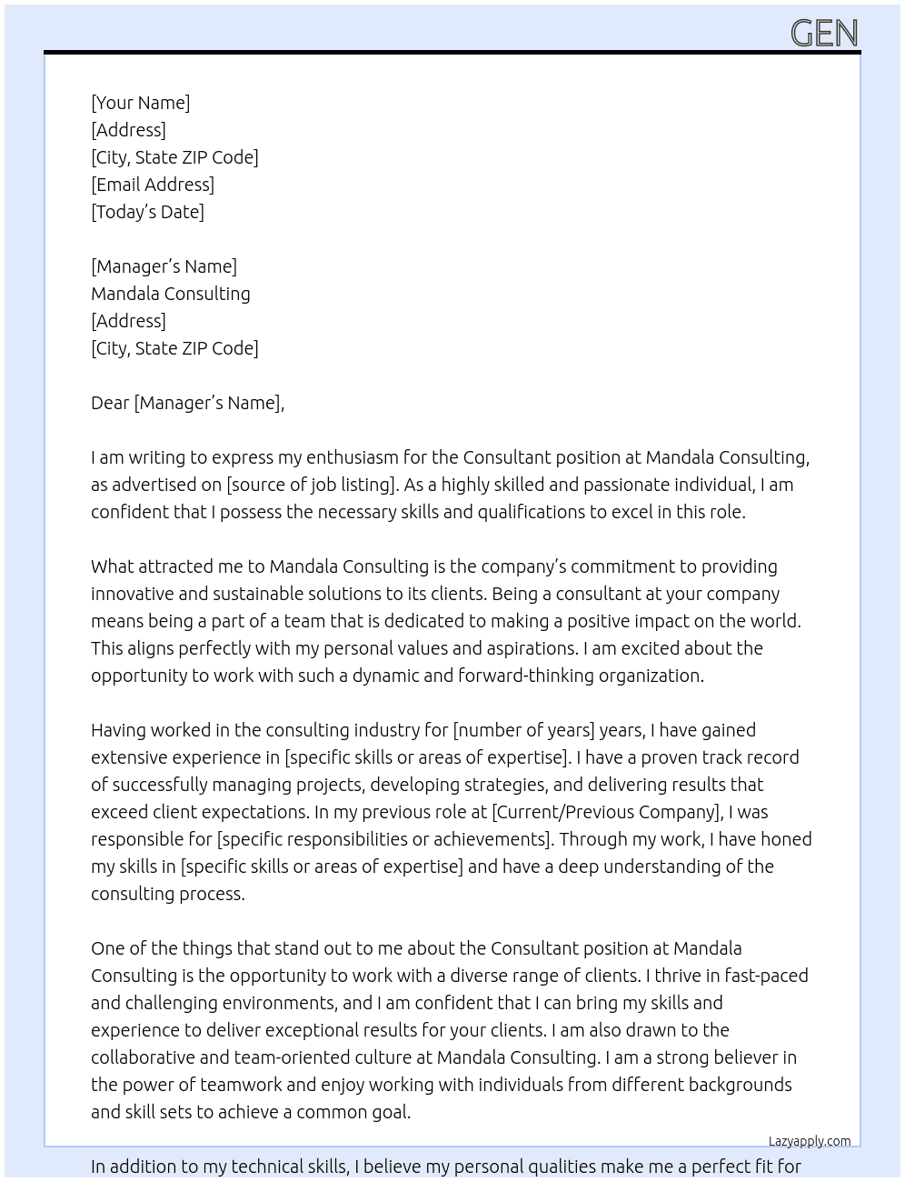 Consultant At Mandala Consulting Cover Letter