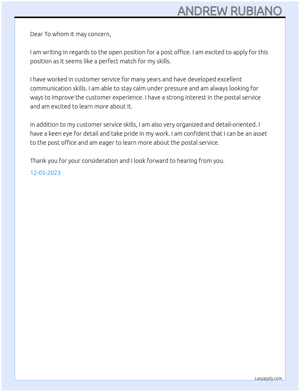 Post office  At Post office  Cover Letter