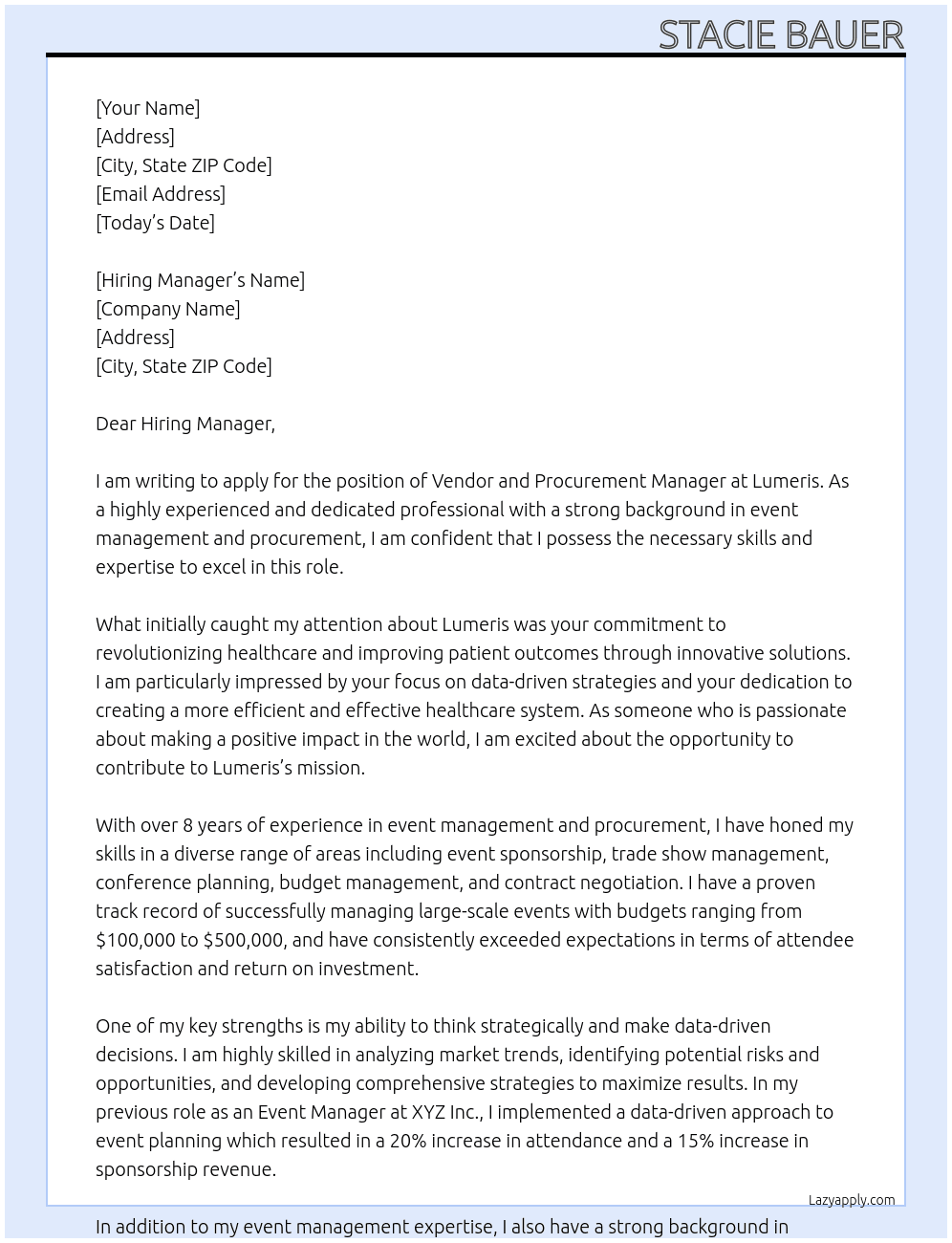 Vendor and Procurement Manager At Lumeris Cover Letter