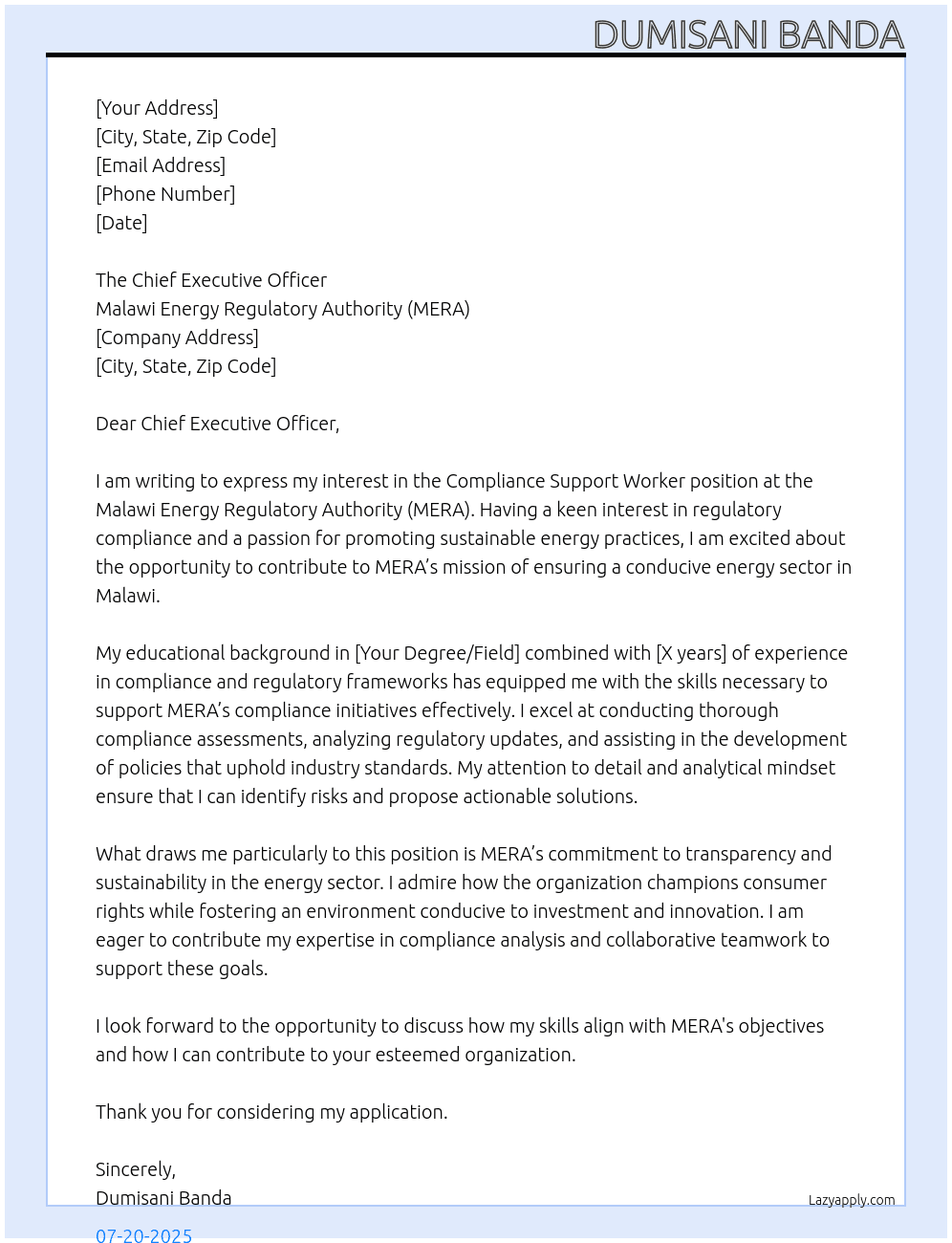 Compliance support worker  At Malawi  Energy Regulatory Authority (MERA)  Cover Letter