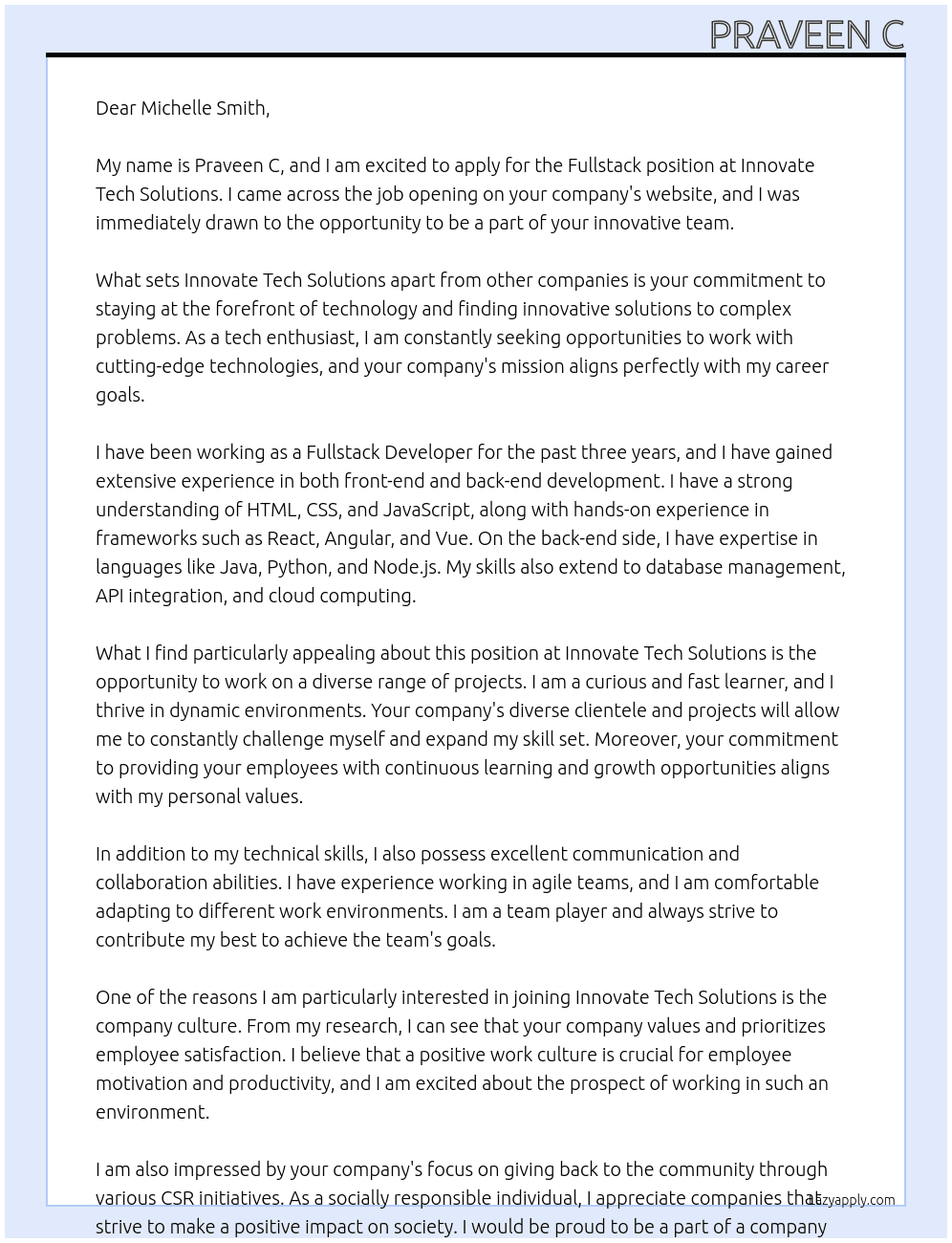 Fullstack At Innovate Tech Solutions Cover Letter